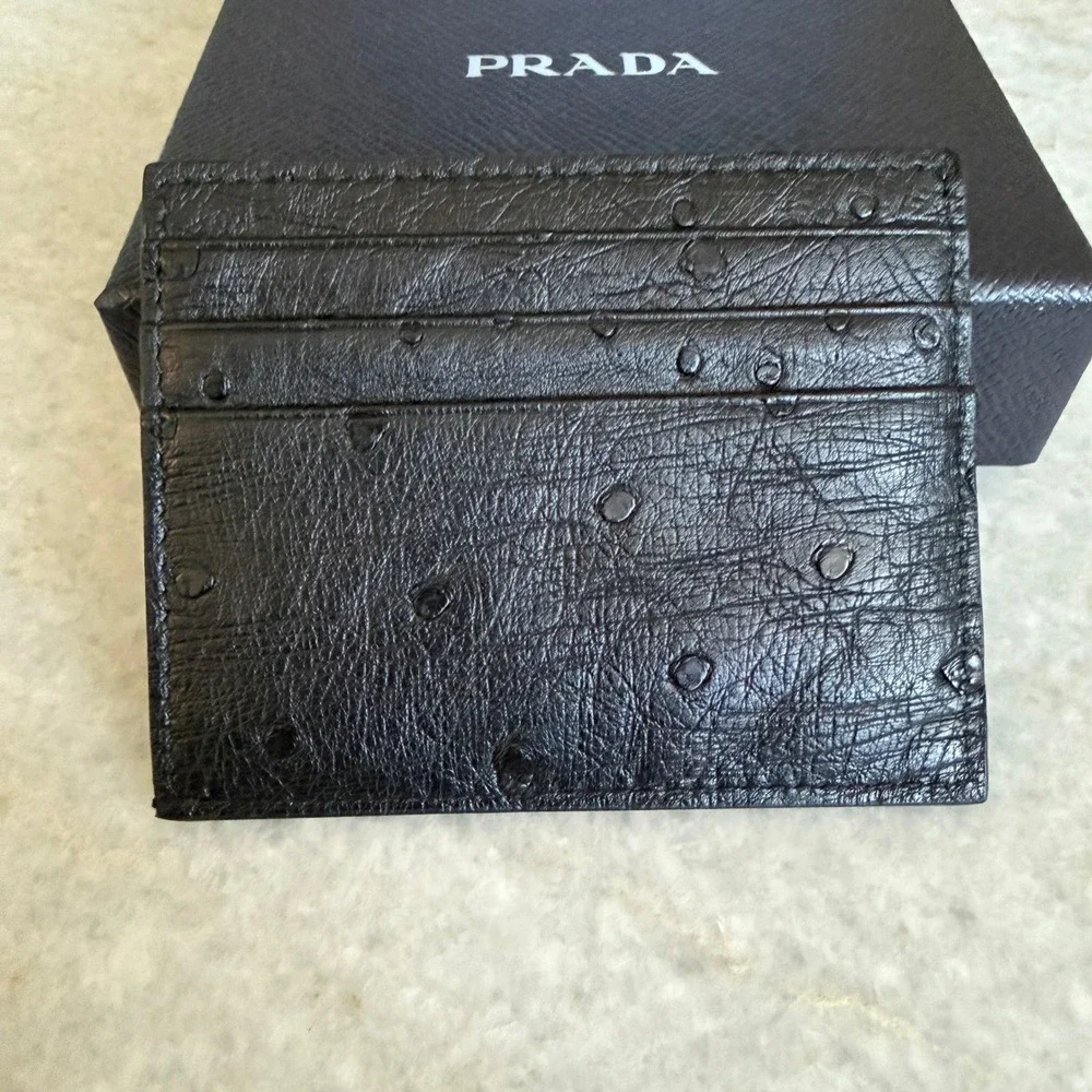 Prada Black Ostrich Leather Card Holder Wallet 2MC223 Struzzo Made‎ in Italy